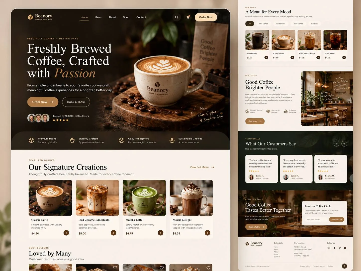 Beanory coffee shop website with a latte hero, signature drinks menu, testimonials and table booking