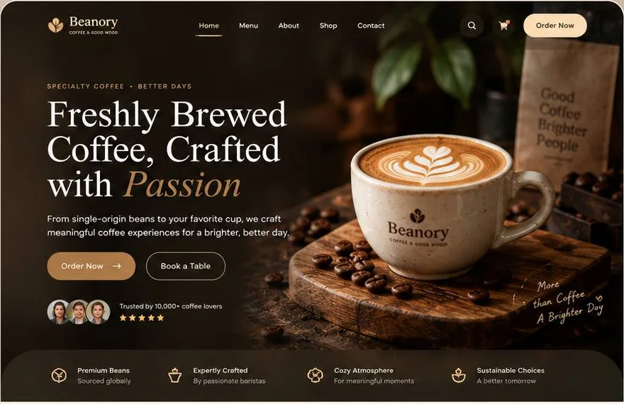 Beanory homepage hero with a latte, Order Now and Book a Table buttons
