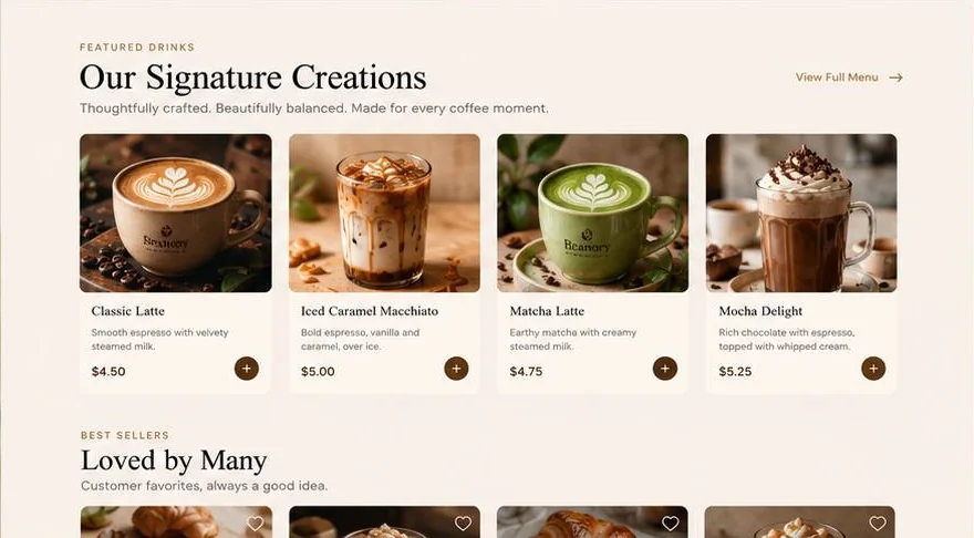 Beanory signature drinks with prices and add buttons