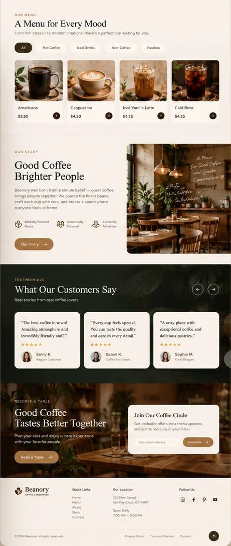 Beanory menu filters, our story, testimonials, table booking and footer