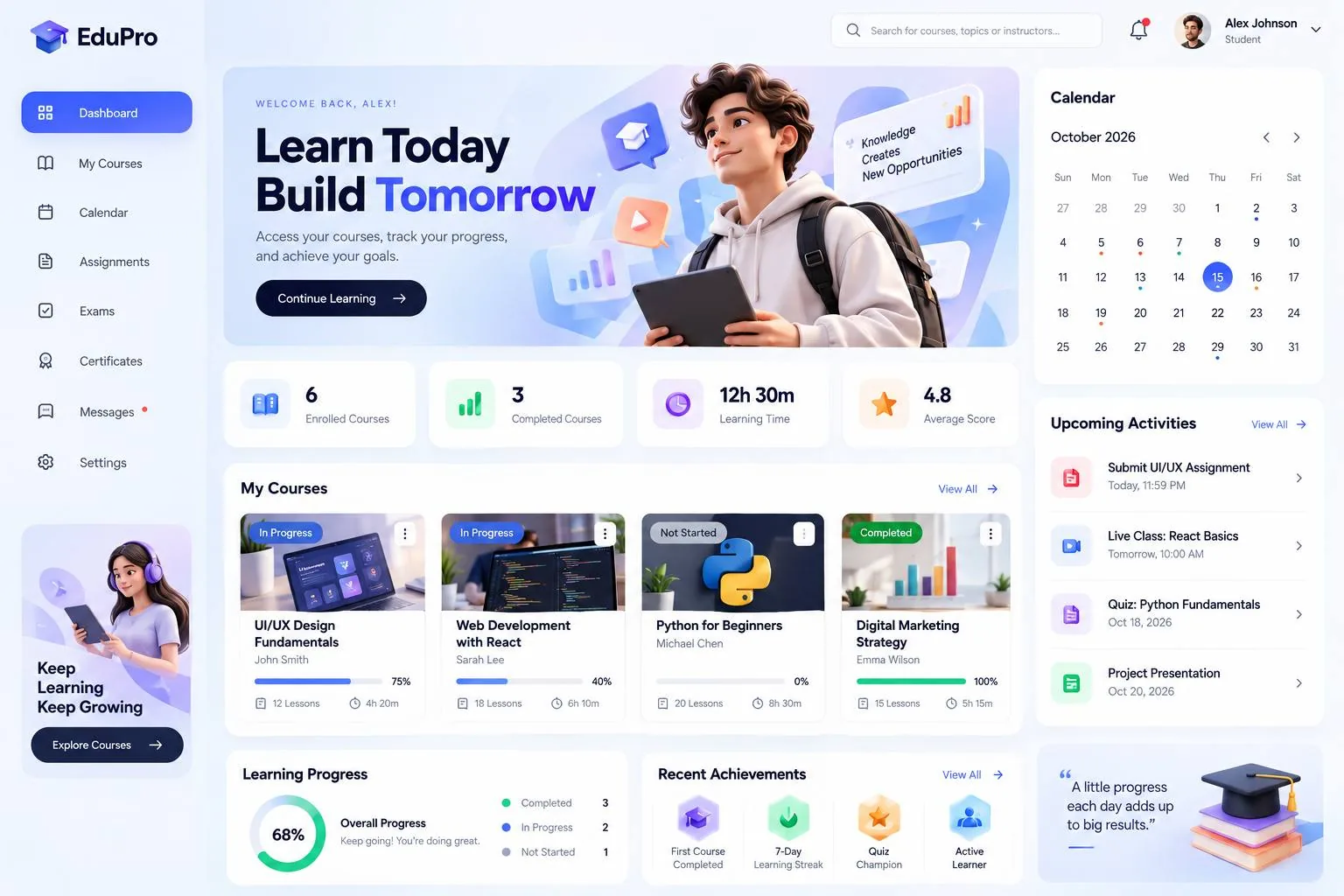 EduPro e-learning dashboard with course cards, progress stats, a calendar and upcoming activities
