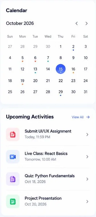 EduPro calendar with marked deadlines and an upcoming activities list