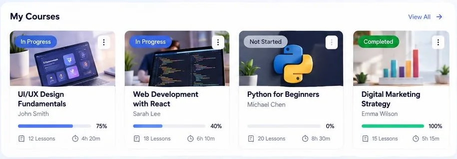 EduPro course cards with status labels and progress bars