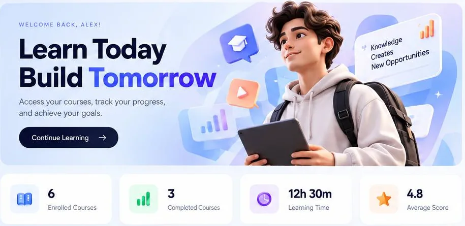 EduPro welcome banner with a Continue Learning button and four stat cards