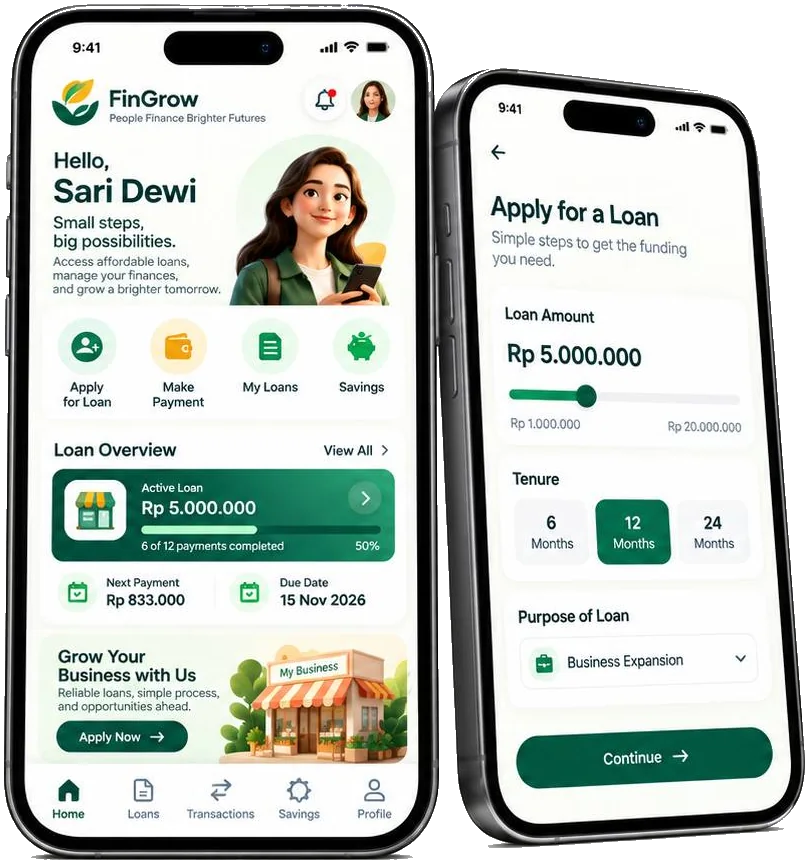 FinGrow mobile app on two phones: the home screen with an active loan overview, and the apply-for-a-loan screen