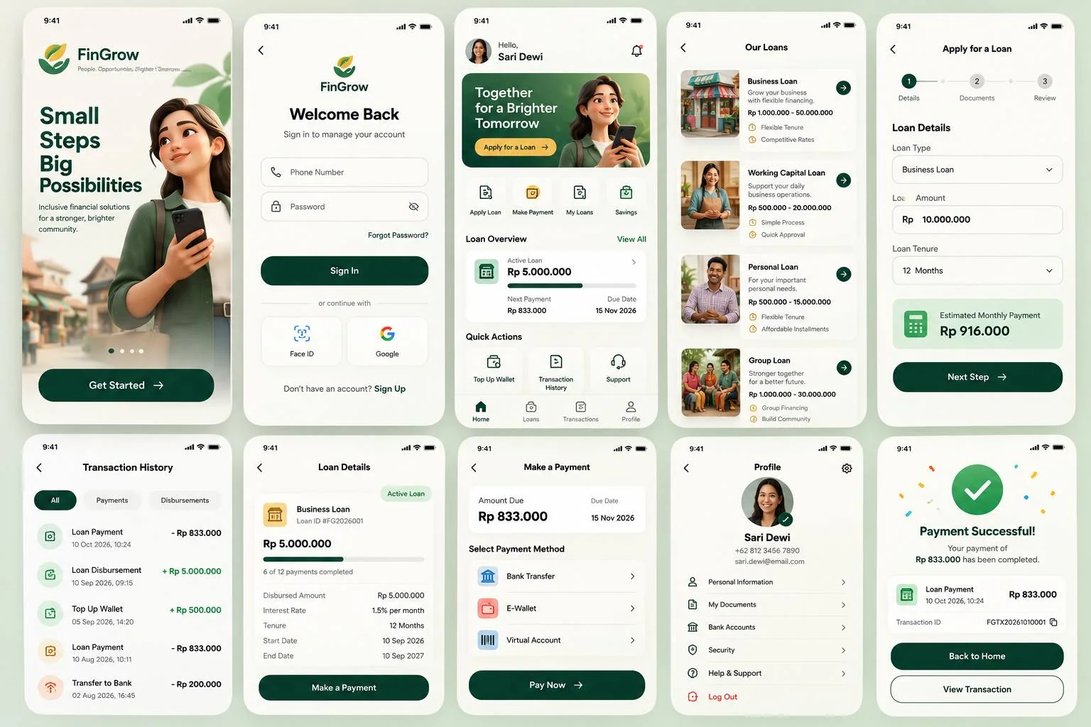 Ten FinGrow app screens from onboarding to payment success