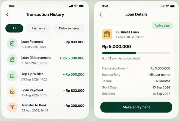 FinGrow transaction history and loan details screens