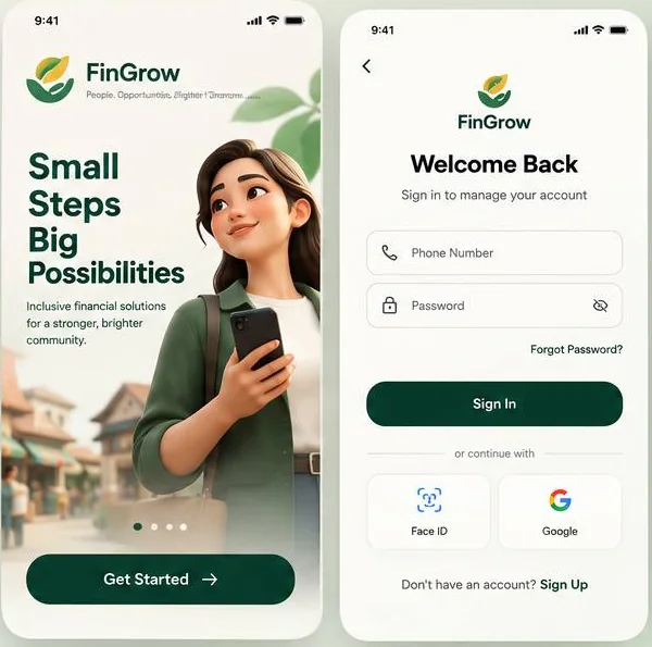 FinGrow welcome and sign-in screens with Face ID and Google options
