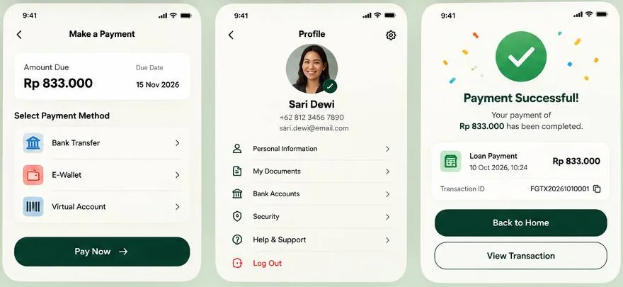FinGrow payment method, profile and payment successful screens