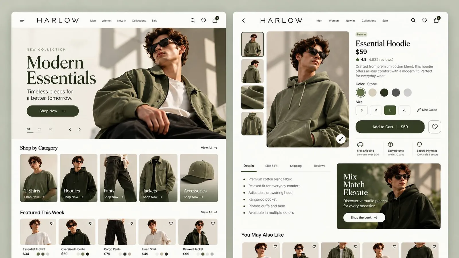 HARLOW fashion store: homepage with a Modern Essentials hero and categories, and an Essential Hoodie product page